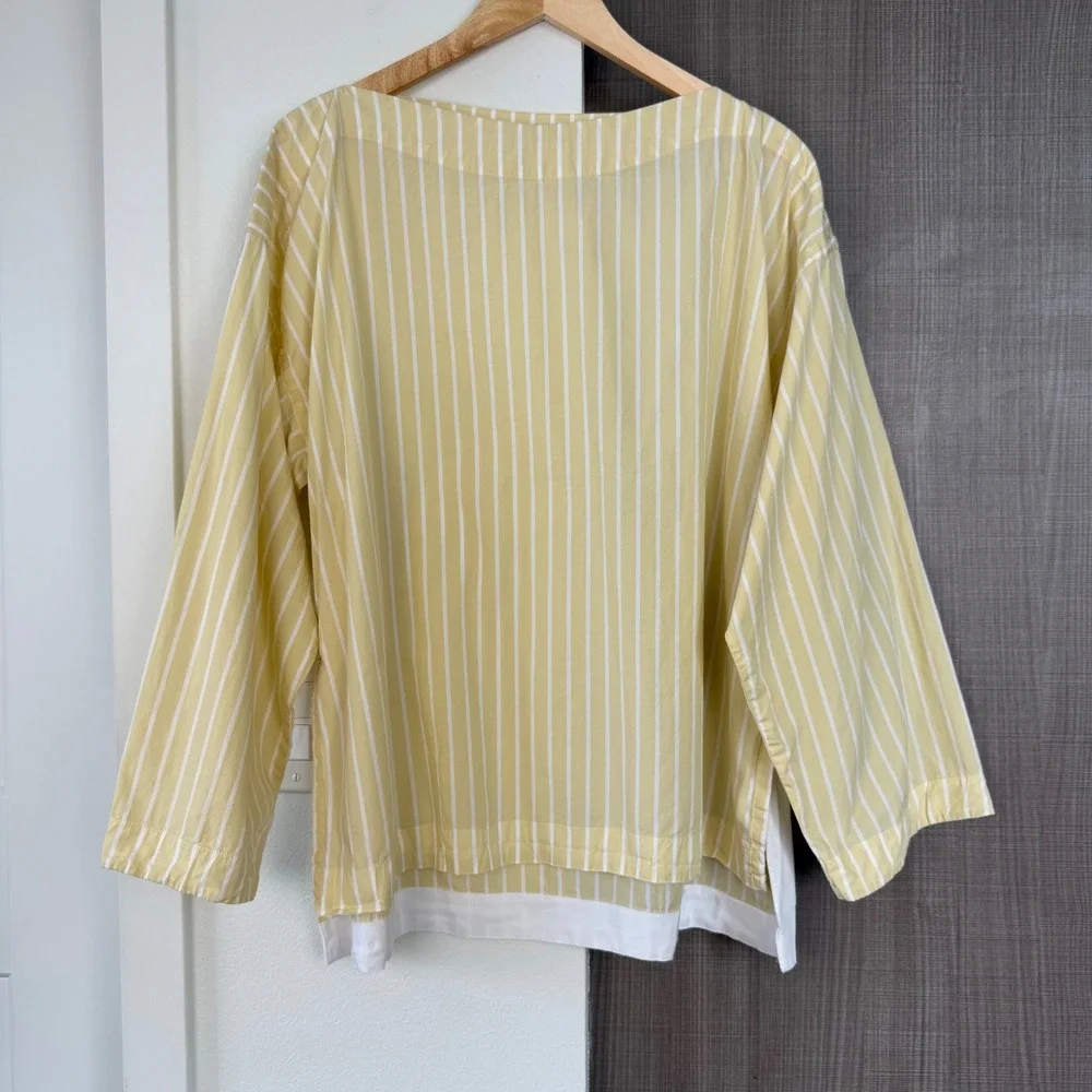 J. Crew‎ Yellow Ciel Top Striped Cotton Poplin Blouse Long Sleeve Size Large